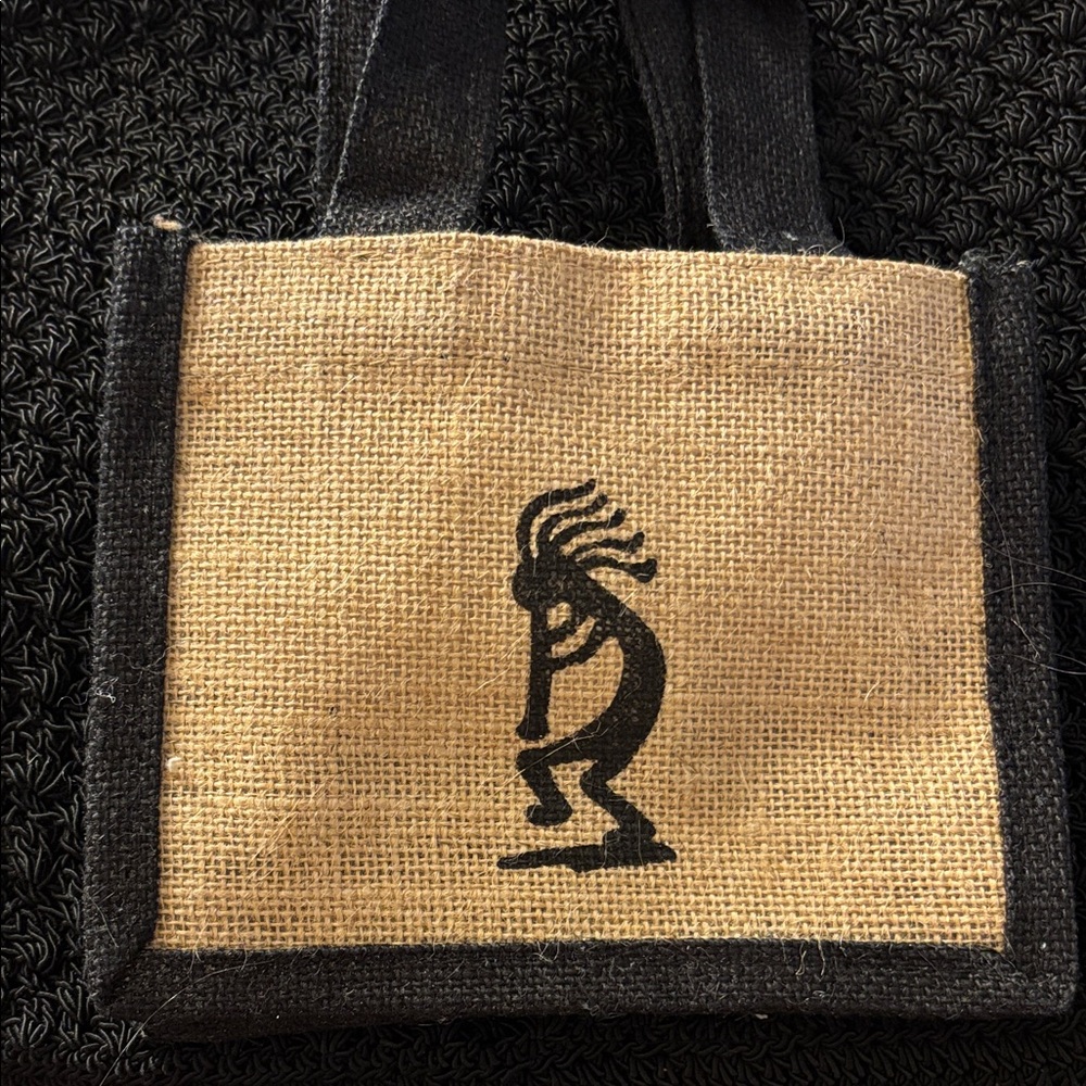 Stylish Kokopelli Tan and Black mini burlap Tote Bag